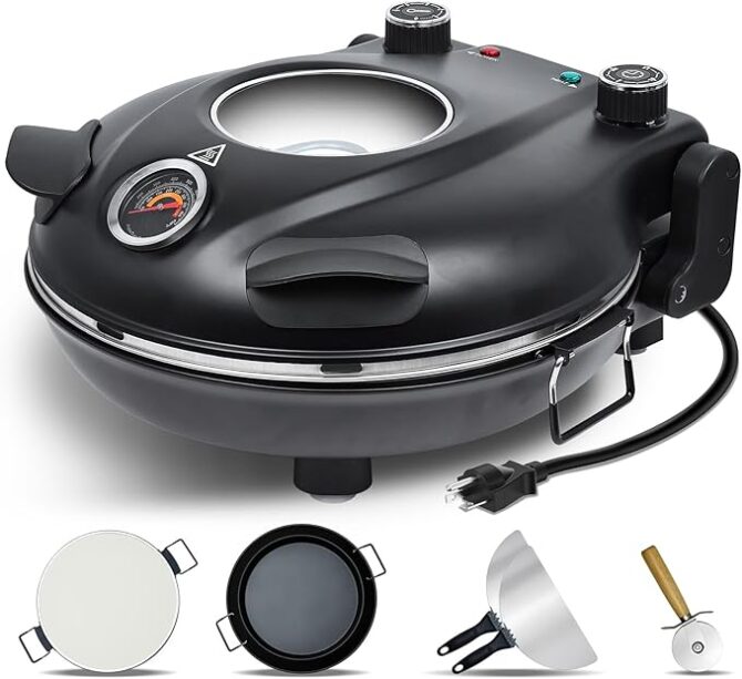 Upgrade Davivy 12" Portble Pizza Oven with Timer, Pizza Stone, Household Portable Pizza Oven Pizza Cooker Countertop, Indoor Electric Pizza Maker Machine for Home Above Counter up to 800˚F - Black