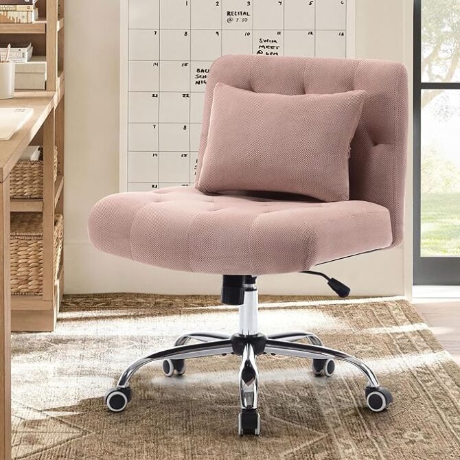 Armless Fabric Office Desk Chair with Wheels, Cross Legged Wide Seat Chair, Modern Home Office Chair with Lumbar Pillow Comfortable Computer Task Chair for Small Space, Vanity Chair for Women, Girls